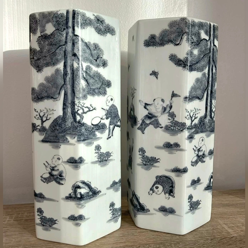 VINTAGE Chinoiserie Blue + White Vase PAIR